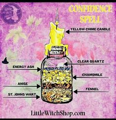 Self Confidence Witchcraft, Wisdom Spell Jar, Self Confidence Spell Jar, Confident Spell, Good Health Spell Jar, Courage Spell Jar, Easy Spell Jars Recipes, Confidence Spell Jar