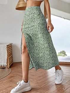 Lasaky - Floral Print Midi Skirt with Side Slit and High Waist Design Floral Skirt Summer, Floral Print Midi Skirt, High Waist Long Skirt, Trendy Skirts, Half Skirt, Women Skirts, Printed Midi Skirt, Print Skirt, Green Skirt