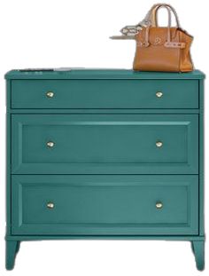 a blue dresser with a handbag on top