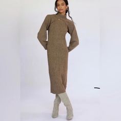 Never Worn Size Medium Fall Cable Knit Knee-length Sweater Dress, Cozy Cable Knit Dresses For Fall, Chic Knitted Long Sleeve Midi Dress, Long Cable Knit Sweater Dress For Fall, Fall Knit Midi Dress, Fall Cable Knit Dresses, Casual Midi Dress For Fall Layering, Casual Fall Midi Dress For Layering, Winter Knitted Long Sleeve Midi Dress