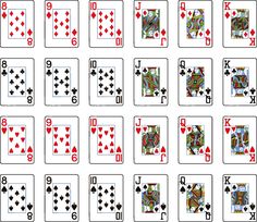 several playing cards with different designs and numbers on each card, all showing the same design