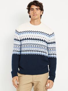 crew neck long sleeves rib-knit trim fair isle print varies pullover style relaxed fit hits at hip model is approx.  6'1" and wears size mmachine wash according to the care instruction label  . Best Holiday gift for Men , perfect Sweaters for Christmas! Mens Quarter Zip Sweater, Essential Sweatshirt, Navy Christmas, Mens Quarter Zip, Christmas Sweater Men, Pajamas Gift, Old Navy Men, Quarter Zip Sweater, Fair Isle Sweater