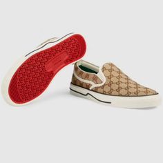 Gucci Tennis 1977 Slip-On Sneaker Bnwt Mens Size: 7= To 7.5us (Can Also Fit Women's 10) Open To Trades! Part Of The Epilogue Collection, A Slip-On Version Of The Gucci 1977 Sneaker Is Presented In The House's Signature Canvas. With A Chunky Retro Silhouette, The Shoe Is Compled With A Contrast Stripe On The Sole. Beige And Ebony Orignal Gg Canvas Men'swhite Trim Loop Detail At The Back Elastic Inserts For Easy Slip-On Rubber Sole Height: .4" Made In Italy Gucci 1977 Sneaker, Gucci Slip Ons, Mickey Mouse Shoes, Gucci Ghost, Gucci Ace Sneakers, Retro Silhouette, Slipon Sneakers, Gucci Sneakers, Gucci Leather