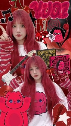 a girl with long red hair holding a guitar in front of hearts and music notes