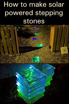 three different pictures with the words how to make solar powered stepping stones in it's glow