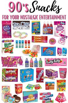 the top ten snacks for your nostalic entertainment party is shown in this poster