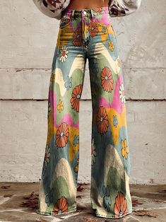 Moda Denim, Casual Wide Leg Pants, Winter Trends, Daisy Print, Pantalon Large, Loose Pants, Type Of Pants, Wide Leg Denim, Look Fashion