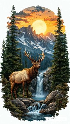 a painting of an elk standing in front of a waterfall and trees with the sun setting behind it