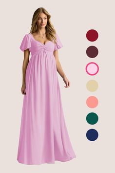 Step into motherhood with confidence and grace in our versatile chiffon maternity dress, Madisynn. Tailored with care to accommodate your evolving silhouette, this dress features a flattering sweetheart neckline, beautiful puff sleeves, a keyhole back, a bow tie back, and a ruched A-line skirt that provides ample room for you to grow. Pink Maxi Dress With Ruched Sweetheart Neckline, Pink Chiffon Maxi Length Bridesmaid Dress, Pink Bridesmaid Maxi Dress With Pleated Bodice, Pink Empire Waist Maxi Dress For Bridesmaid, Pink Chiffon Maxi Dress For Bridesmaid, Pink Chiffon Maxi Bridesmaid Dress, Pink Maxi Chiffon Bridesmaid Dress, Pink Flowy Maxi Dress With Sweetheart Neckline, Pink Bridesmaid Dress With Ruched Fitted Bodice