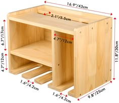 the measurements for a wooden table with two drawers and one shelf on each side is shown