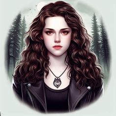 a digital painting of a woman with long hair wearing a leather jacket and owl necklace