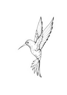 a black and white drawing of a hummingbird flying in the air with its wings spread