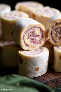 several different types of food are stacked on top of each other in this close up photo