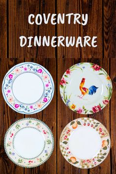 three plates with different designs on them and the words, couvenity dinnerware