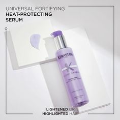 An opalescent lavender milky serum, infused with antioxidants that instantly unifies damaged areas of the hair, while providing smoothness and lightness for flawless blonde hair. 450°F thermo-protection with anti-frizz benefits immediately after application. 69% softer hair* Helps repair surface damages in one use Instrumental test after application of the tested condition (US) *vs unwashed hair Repairs Damage Heat Protectant Smoothes Hair . | Kérastase - Cicaplasme Thermique Heat Protecting Luxury Spray - 150 ml Kerastase Blond, Blonde Hair Types, Violet Shampoo, Perfect Blonde Hair, Brassy Hair, Heat Protectant Hair, Gene False, Hair Concerns, Heat Protectant