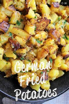 german fried potatoes in a skillet with parsley on top and text overlay