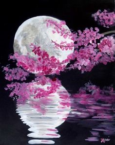 a painting of a full moon with pink flowers on the water and trees reflected in the water