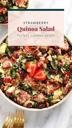 strawberry quinoa salad in a bowl with the title overlay