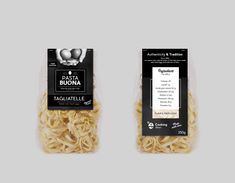 two packages of pasta with the label tagliatelle on each side and an image of