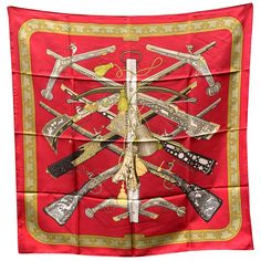 HERMES scarf 'Diane' by Henry De Linares honoring Diana, the Roman goddess of hunting and originally issued in 1972. It features various arms decorated with hunting scenes on a gorgeous red background. 100% silk, hand rolled hem, made in France. 'HERMES Paris' with copyright symbol printed in the center. Details MATERIAL: Silk COLOR: Red MODEL: Diane GENDER: Women COUNTRY OF MANUFACTURE: France FEATURES: Multifunctional PATTERN: Solid YEAR MANUFACTURED: 1970-1979 BOX? No Condition B - VERY GOOD Goddess Of Hunting, Red Silk Scarf, Hermes Vintage, Copyright Symbol, Hunt Scene, Roman Goddess, Vintage Hermes, Hermes Scarf, Rolled Hem