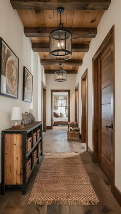 a hallway with wood floors and wooden ceilinging