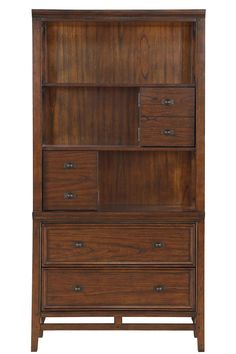 a wooden bookcase with drawers on the top and bottom shelf, in dark wood