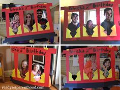 four different pictures of people in front of a birthday photo frame made out of construction paper