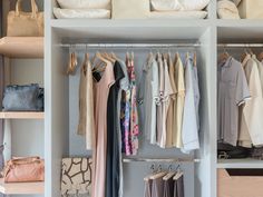 an organized closet with clothes and handbags