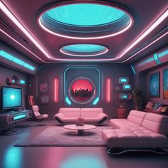 a living room filled with white furniture and lots of neon colored lights on the ceiling