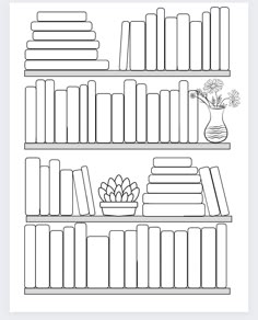 bookshelves with flowers and vases on them coloring page for kids to color