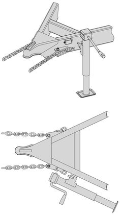 two different views of a metal object with chains attached to the back and side of it