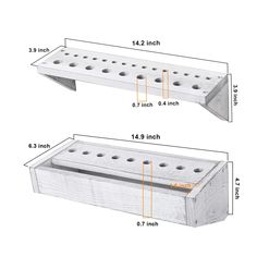 two white wooden boxes with holes on each side and measurements for each one in the box