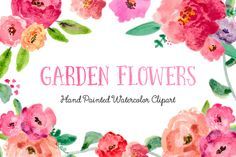 the words garden flowers are painted in watercolor on a white background with pink and red flowers