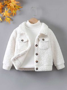 White Casual Collar Long Sleeve Flannelette Plain Teddy Embellished Slight Stretch Toddler Girls Clothing Kids Dress Collection, Sewing Baby Clothes, Toddler Jacket, Kids Dress Wear, Pajama Outfits, Flannel Jacket