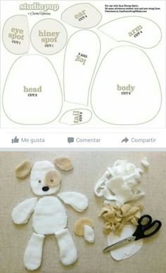 two pictures showing how to make stuffed animals with paper and scissors on the same page