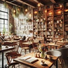 the interior of a restaurant with wooden tables, chairs and bookshelves filled with plants