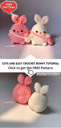 two crocheted rabbits sitting next to each other with the text, cute and easy bunny