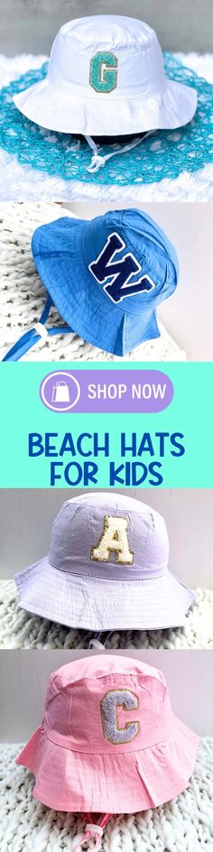 beach hats for kids with the words shop now on top and below them in different colors