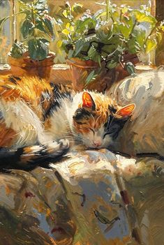 Peaceful Art Painting, Calming Art Ideas, Cat Painting Aesthetic, Painting Ideas Cat, Calico Cat Painting, Acrylic Cat Painting, Calico Cat Art, Digital Art Animals, Painting Of Cat