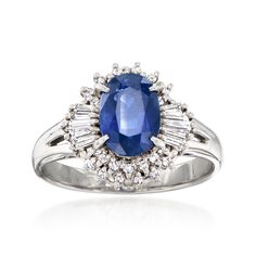 Ross-Simons - C. 1990 Vintage 1.97ct Sapphire, .30ct t. w. Diamond Ring Oval Cut Size 6. C. 1990. Offering timeless appeal with its classic design, this beautiful ring from our Estate collection is sure to live a long life in your wardrobe. The 1.97 carat oval sapphire centerpiece beams a bright blue hue under the illumination of a sparkling .30 ct. t. w. baguette and round brilliant-cut diamond halo. Crafted in platinum. 1/2" wide. Diamond and sapphire ring. Exclusive, one-of-a-kind Estate Jewe Diamond Ring Oval, Diamond And Sapphire Ring, Sapphire Birthstone, Vintage Sapphire, Ring Oval, Diamond Halo, Round Brilliant Cut Diamond, Halo Diamond, Bright Blue