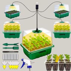 an array of plants and tools are shown in this graphic above it is a photo of the plant growing system