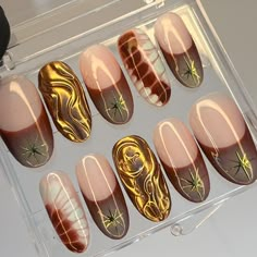 Hello, lovely!  Greetings and welcome to my store. Hope you find a style you like. 🍁 𝐌𝐚𝐭𝐞𝐫𝐢𝐚𝐥: I only work with high-quality materials to create sturdy & long-lasting luxury press on nails that you can trust on. My nails will last for: 1- 2 days using adhesive tab (provided with the nail set) 2- 3 weeks using nail glue. You can reuse all of the nails multiple times if you take care of them. Follow the instructions provided with the nail set. 🍁 𝐒𝐢𝐳𝐞: Please follow the instruction in Earthy French Tip Nails, Greek Goddess Nails, Gold Flake Nails, Earth Nails, Art For Birthday, Earthy Nails, French Tip Fake Nails, Stiletto Press On Nails, Nail Design Glitter