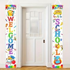 the door is decorated with colorful letters and numbers for children's birthday party decorations