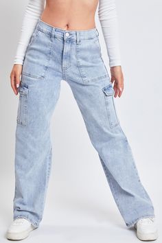 Utilitarian function meets retro design in these super cute Women’s High Rise Straight Leg Cargo Jeans. This stretchy denim jean features vintage-inspired pork chop front pockets, patch back pockets, and flap cargo pockets on either side. Complete with an elastic waistband for a comfortably snatched waist and a straight cut that creates the illusion of longer, leaner legs. Style these cargos with a fitted crop top and sneakers for a trendy streetwear look! Product Details- High-Rise - Zip Fly wi Ymi Jeans, Lean Legs, Trendy Streetwear, L And Light, Cargo Jeans, Light Blue Color, Cute Woman, Medium Blue, Retro Design