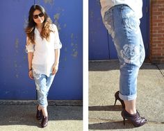 two pictures of a woman wearing high heels and ripped jeans, one in white shirt and the other in blue