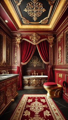 a fancy bathroom with red and gold decor