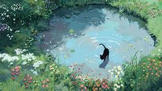 a cat swimming in a pond surrounded by wildflowers