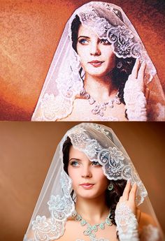 a woman in a wedding dress with a veil over her head and an image of a bride on the wall behind her