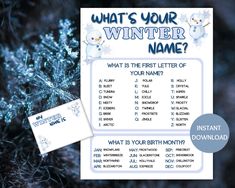 a snowman is on top of a blue christmas tree with the words, what's your winter name?