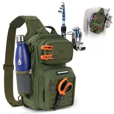 a backpack with fishing gear attached to the back and an orange pair of scissors hanging from it